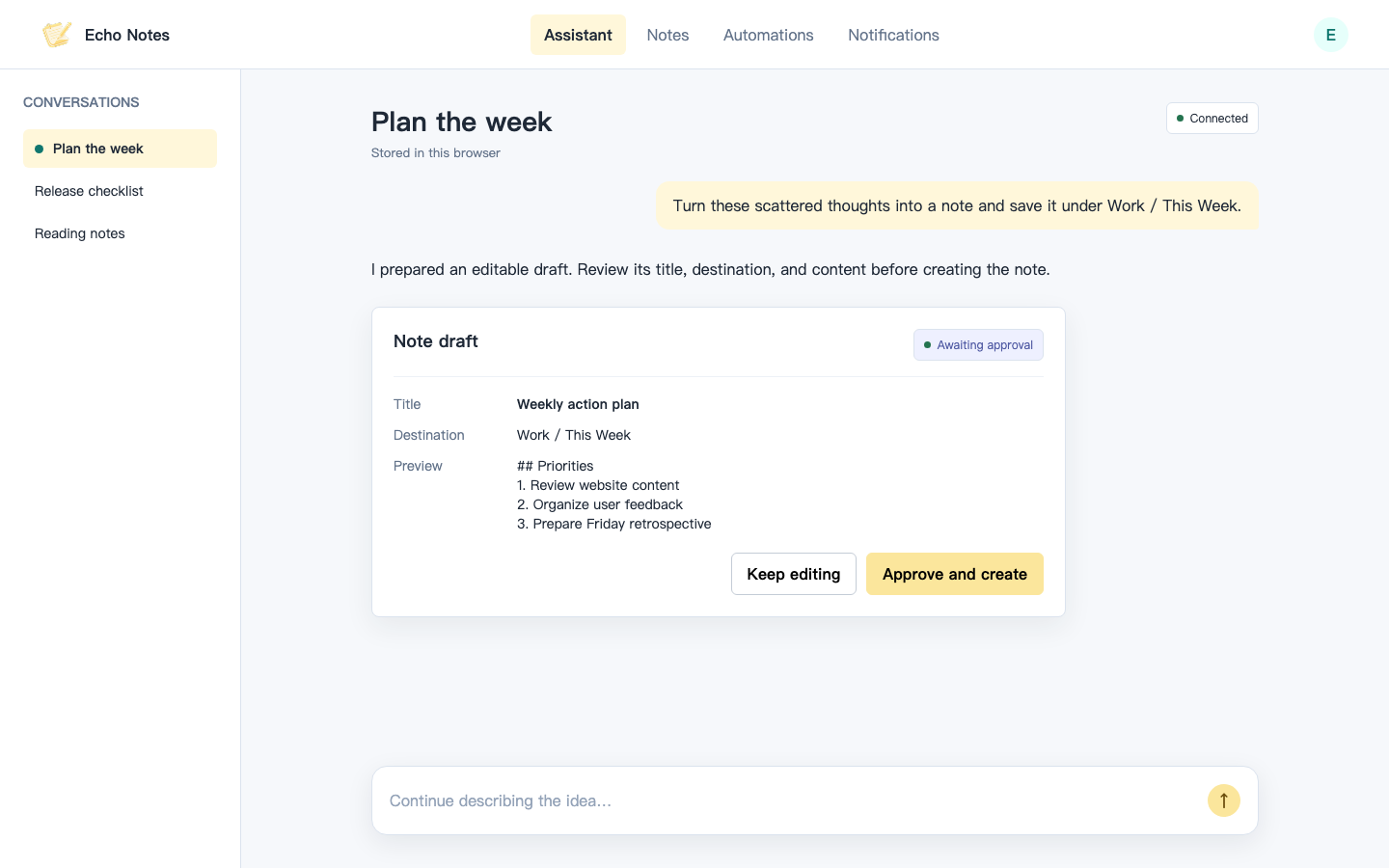 Echo Notes workspace showing an AI-generated note draft waiting for approval