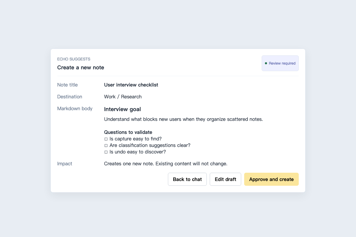 AI note draft showing its title, destination, body preview, impact, and approval controls