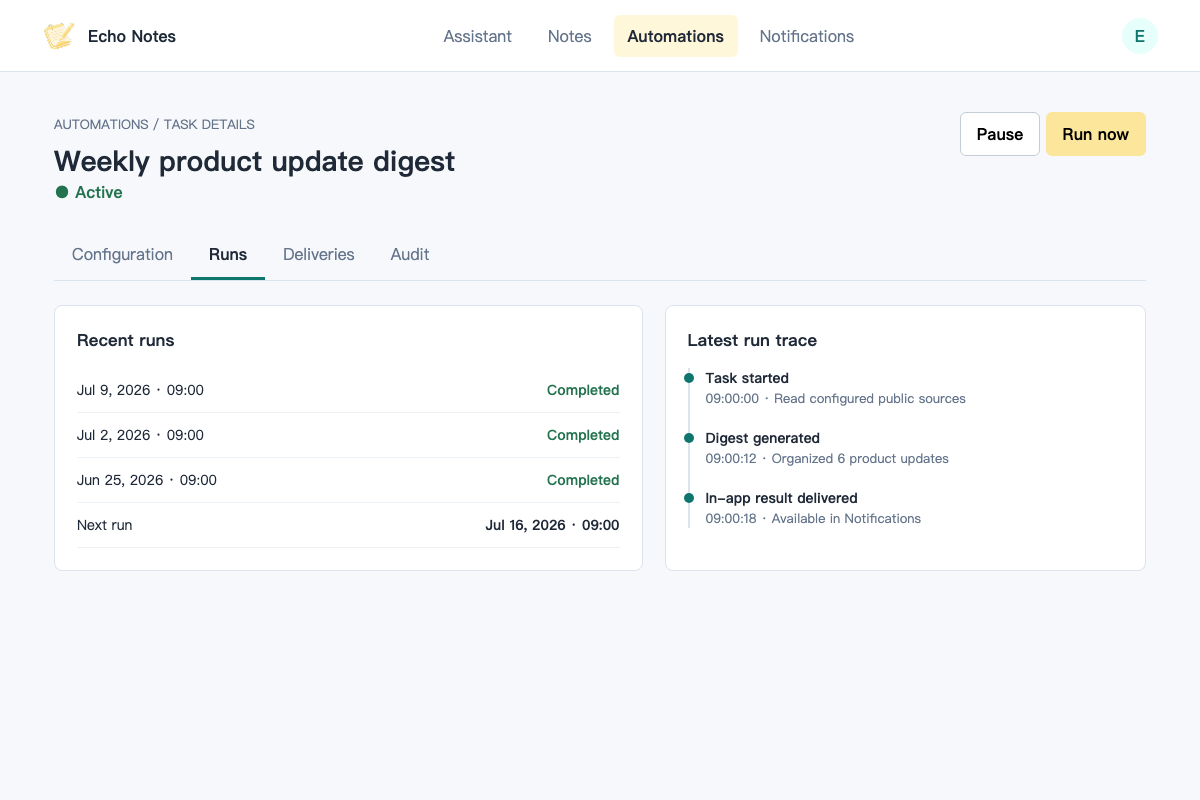 Automation details showing task status, next run, run history, delivery, and audit tabs