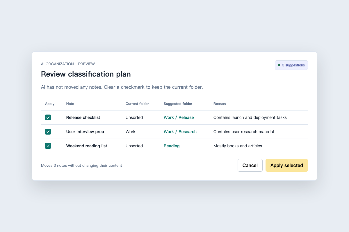 Classification preview showing three notes, current folders, suggested folders, and approval controls