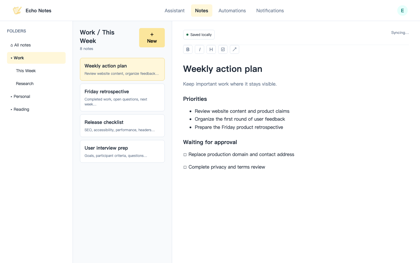 Notes workspace with folders and note list on the left and a Markdown weekly plan open in the editor